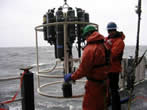 Deploying a CTD in the Bering Sea from the ship Oscar Dyson.