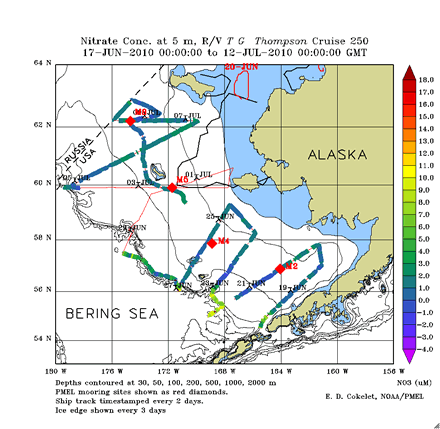 Along-track near-surface NO3, eastern Bering Sea shelf, June-July, 2010