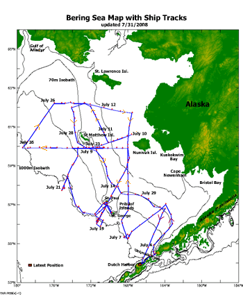 Map of the Bering Sea with ship tracks from the July USCGC Healy research cruise.
