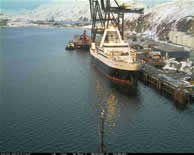 USCGC Healy, freshly arrived in Dutch Harbor, Alaska, shows a view of the dock. Photo: aloft cam, USCGC Healy