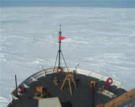 View of the bow from the bridge with ice ahead. Photo by C.Ladd 