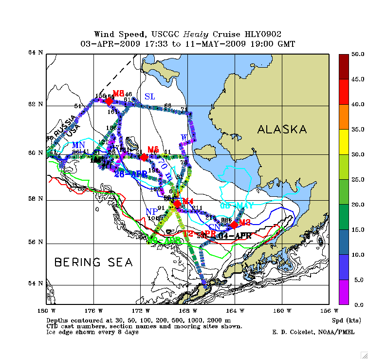 Along-track wind speed (true), eastern Bering Sea shelf, April, 2009
