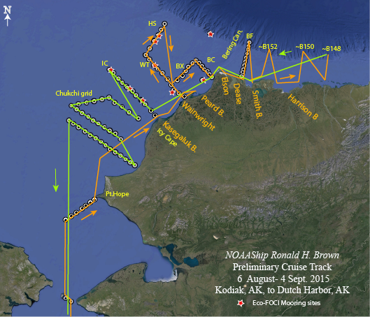 Planned Arctic work aboard NOAA ship Ron Brown showing ship track and work locations.